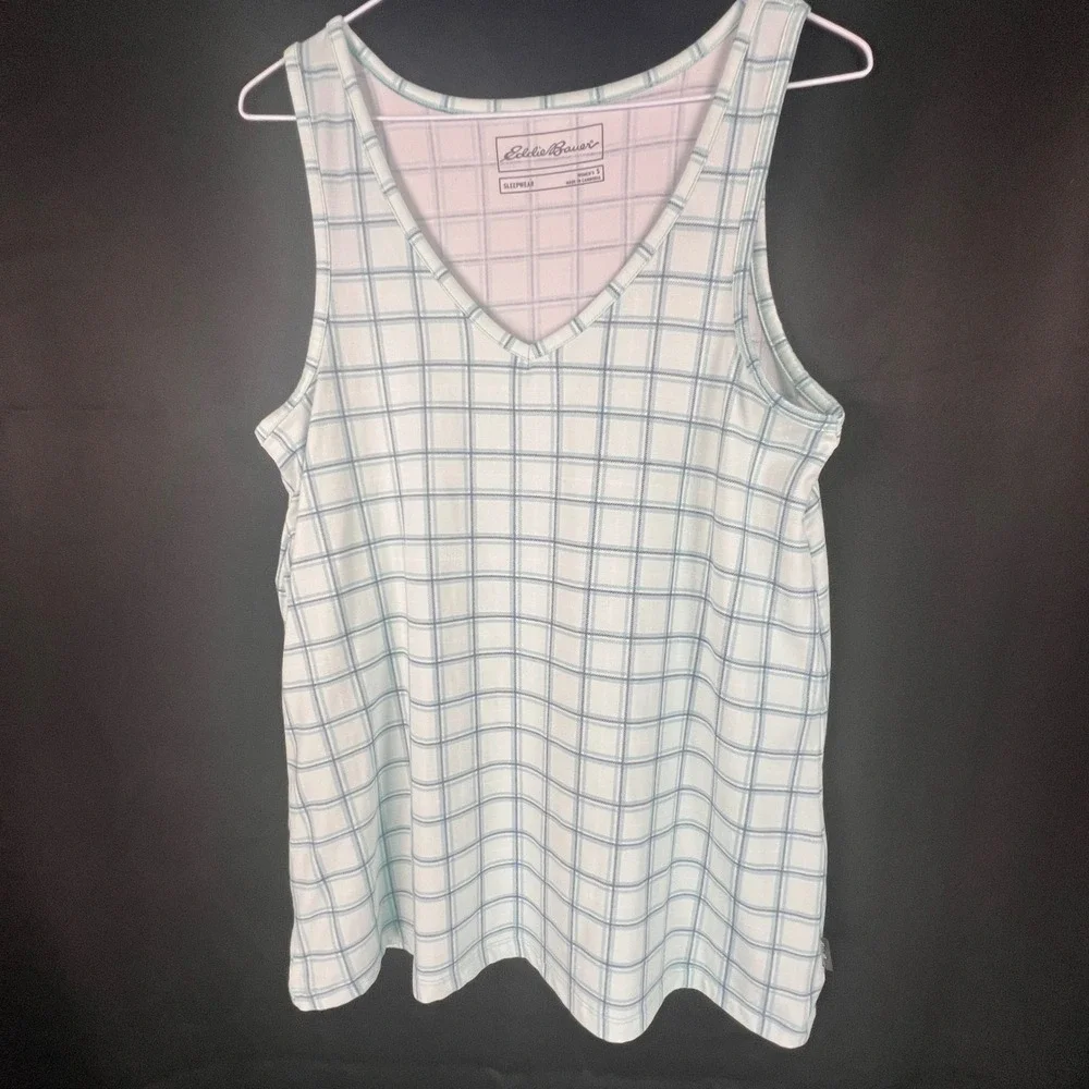 Eddie Bauer Womens Sleepwear Tank Top Blue White Plaid V-Neck Small VDR 409